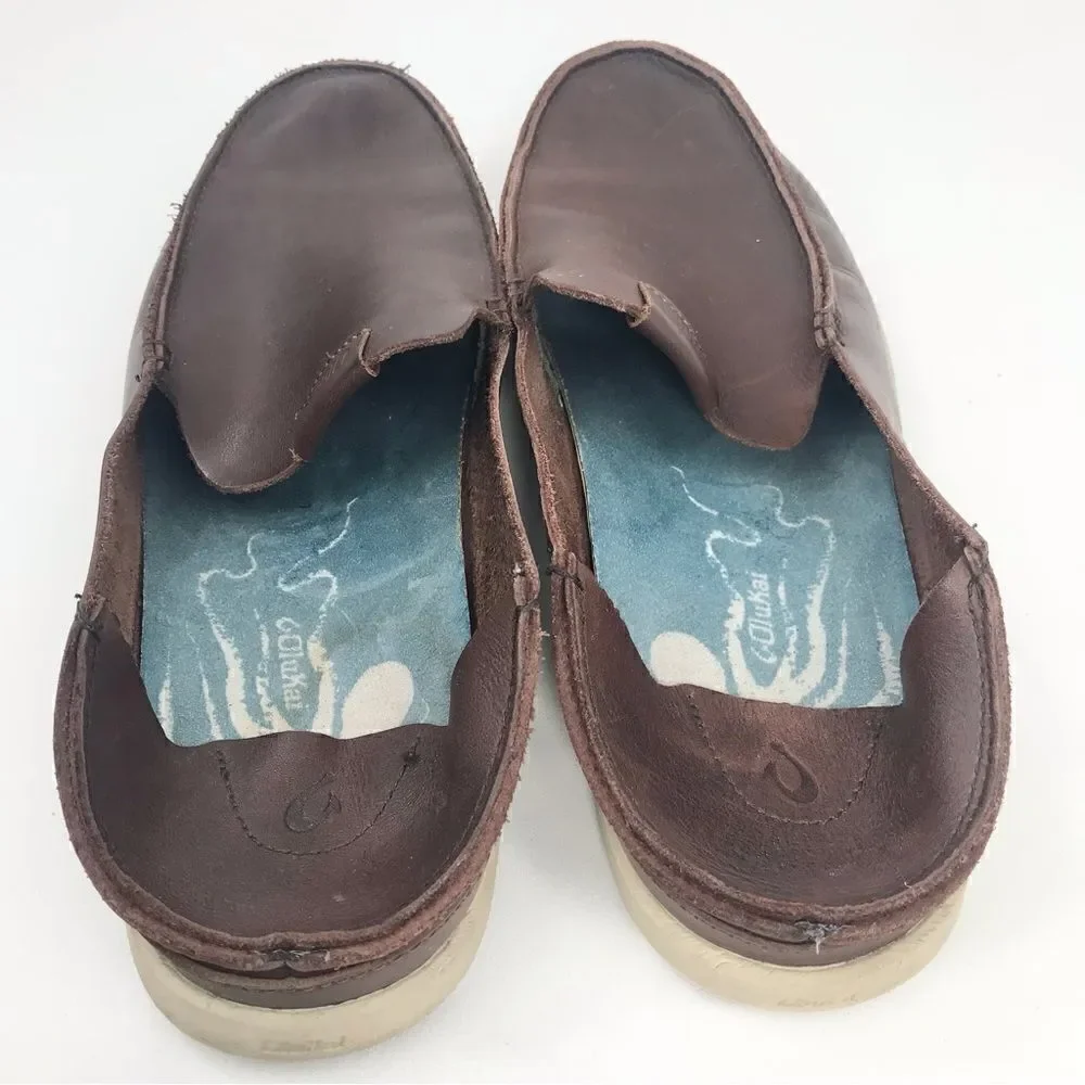 OluKai NALUKAI Brown Leather Slip On Casual Loafers